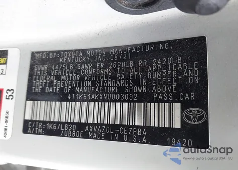2022 Toyota Camry Xse z USA, uszkodzony, nr VIN 4T1K61AKXNU003092